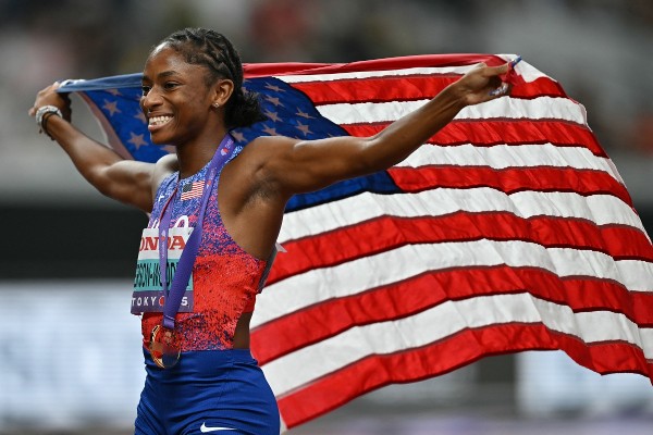 謝菲遜包攬今屆世錦賽女子100米和200米金牌。©AFP