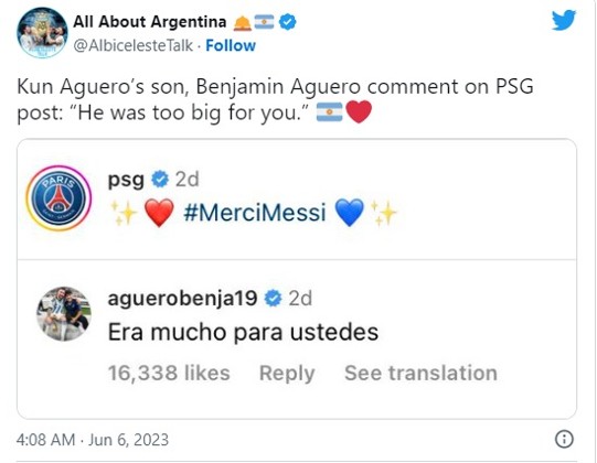 阿古路囝囝為美斯諷PSG