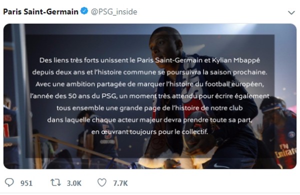 PSG在周一發聲明澄清。