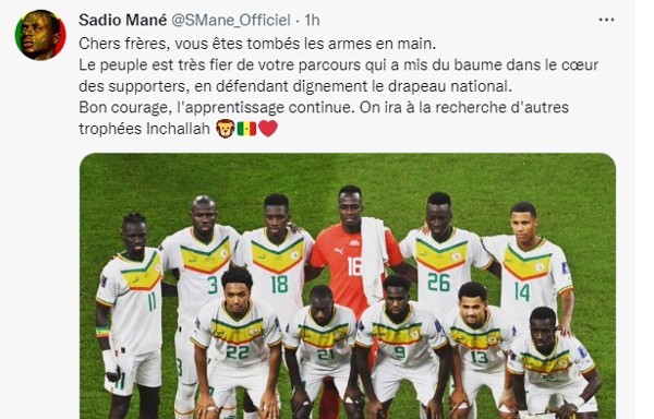 沙迪奧文尼賽後在Twitter鼓勵國家隊隊友。Twitter圖片