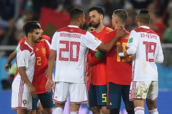 今屆世盃西班牙（紅衫）、摩洛哥（白衫）與葡萄牙剛巧同編在B組。©AFP